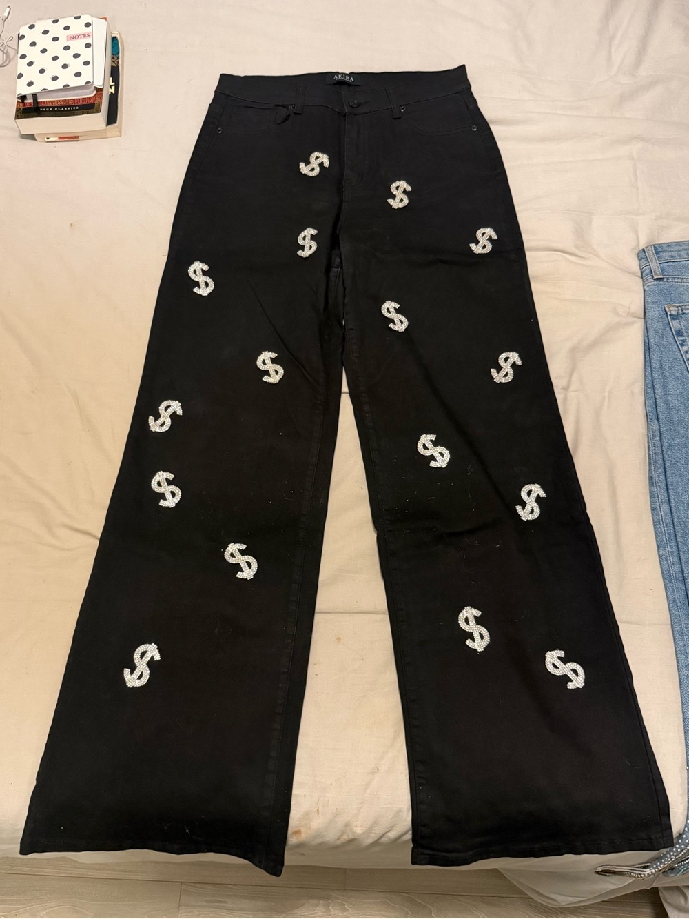 AKIRA Black High-Rise Women’s Jeans with Embellished Dollar Sign Accents 29